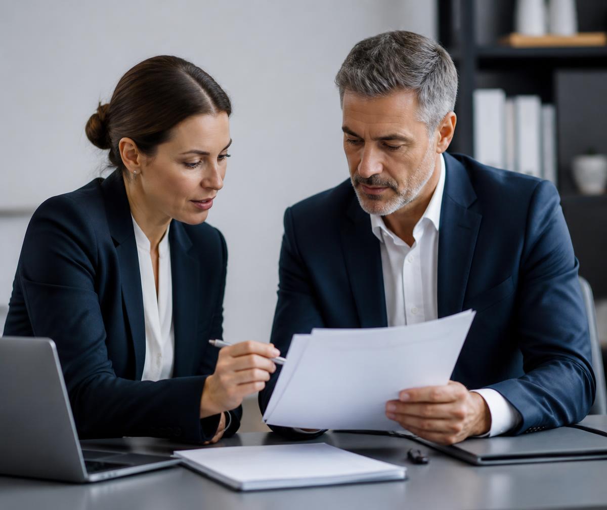 Two professionals reviewing business documents in an office
